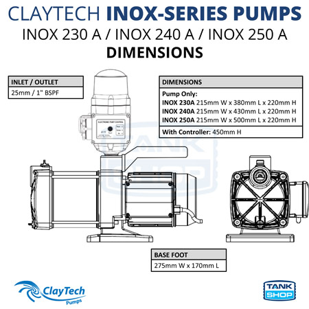 ClayTech Inox-Series Pumps Dimensions - INOX230A, INOX240A, INOX250A