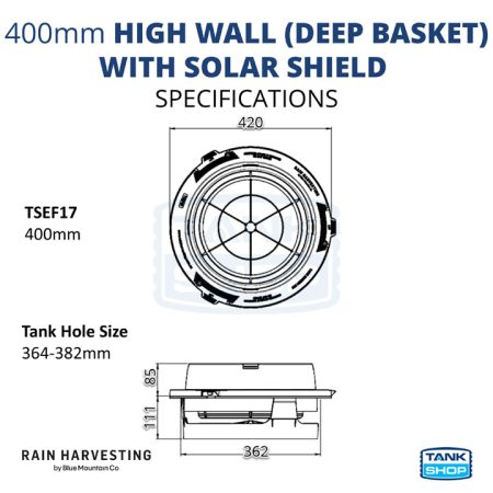 Key features of High Wall Deep Basket Easy Fit Tank Screen Kit with Solar Shield TSEF17 Specifications / Dimensions