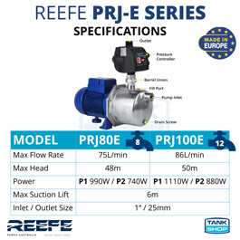 REEFE PRJ-E Series Pressure Pumps - Specifications